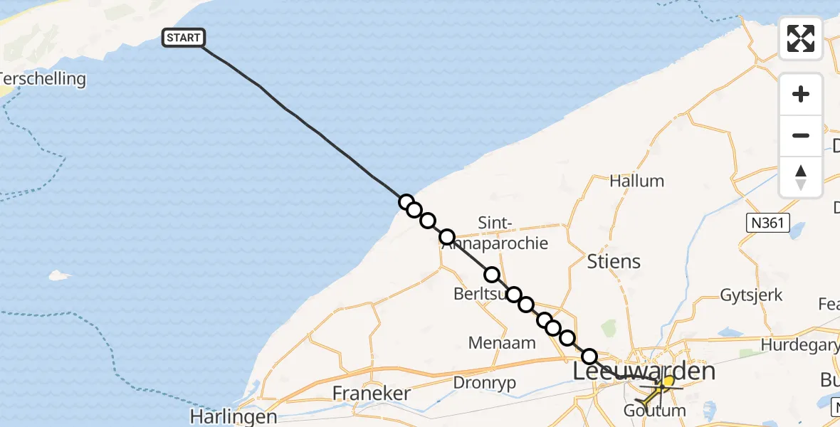 Routekaart van de vlucht: Ambulanceheli naar Leeuwarden, Borniastraat