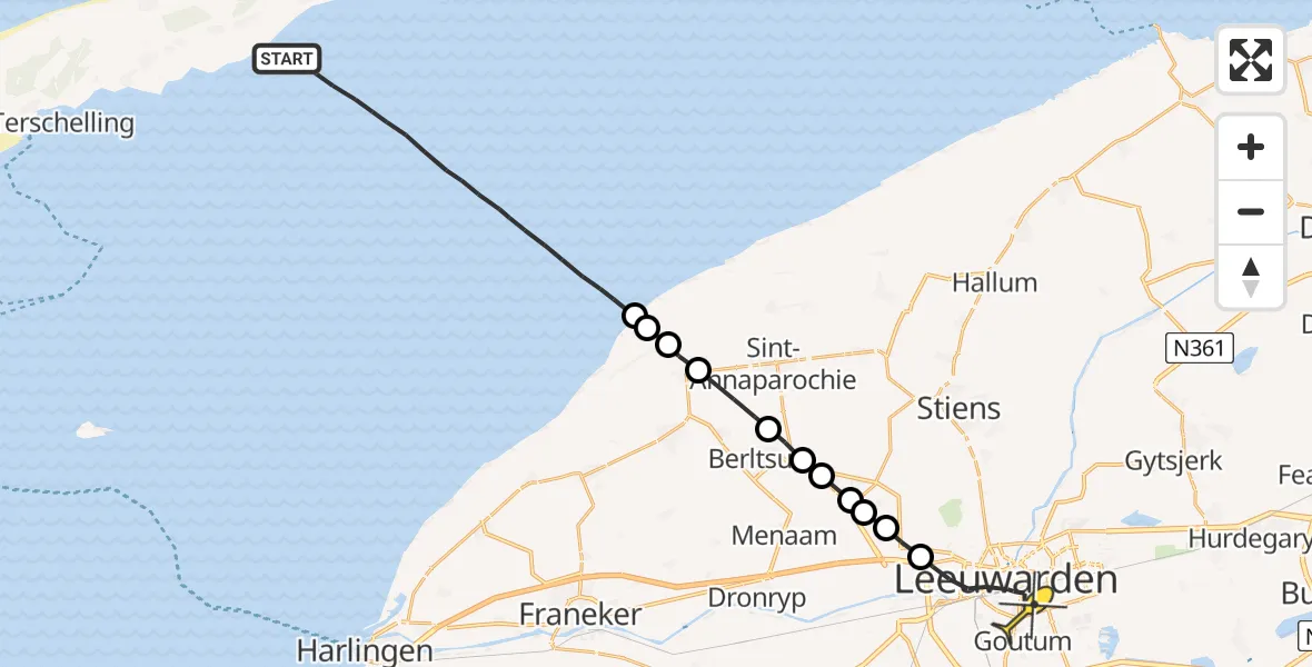 Routekaart van de vlucht: Ambulancehelikopter naar Leeuwarden, Borniastraat