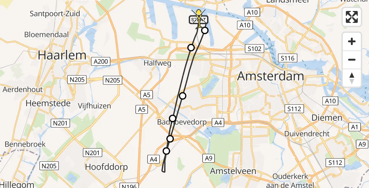 Routekaart van de vlucht: Lifeliner 1 naar Amsterdam Heliport, Hornweg