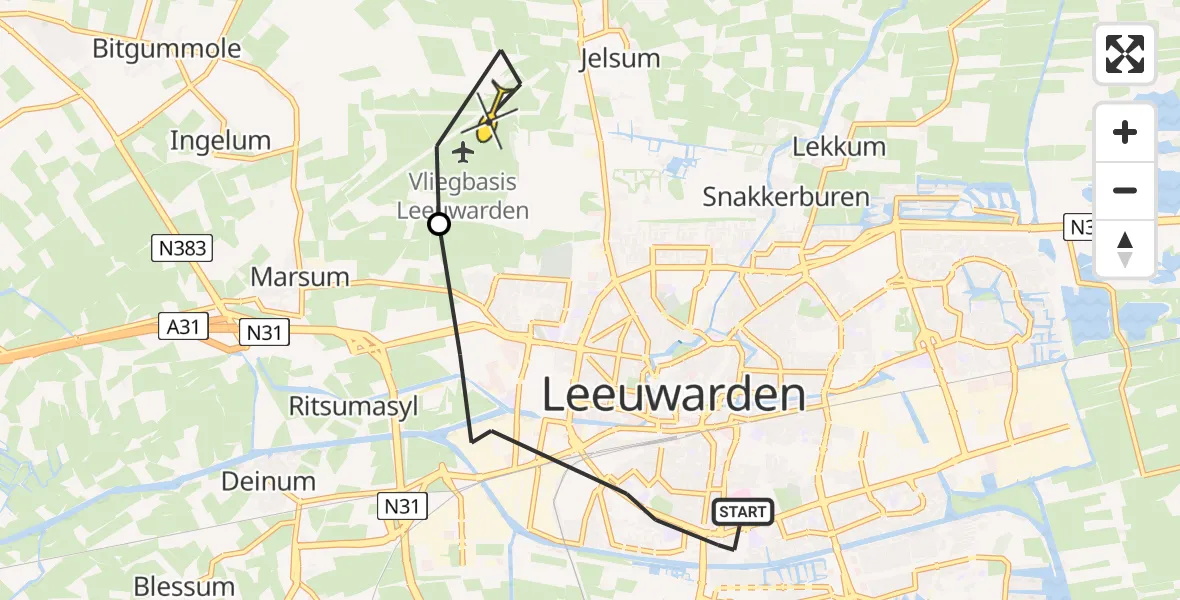 Vluchtroute Ambulancehelikopter van Leeuwarden naar Vliegbasis Leeuwarden