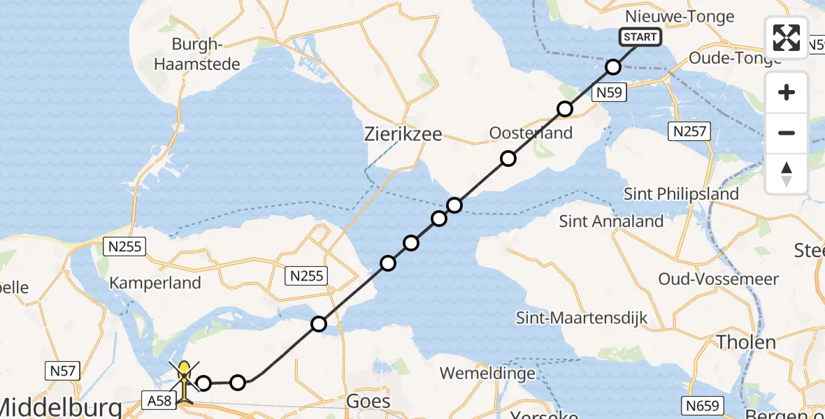 Routekaart van de vlucht: Kustwachthelikopter naar Vliegveld Midden-Zeeland, Battenoord