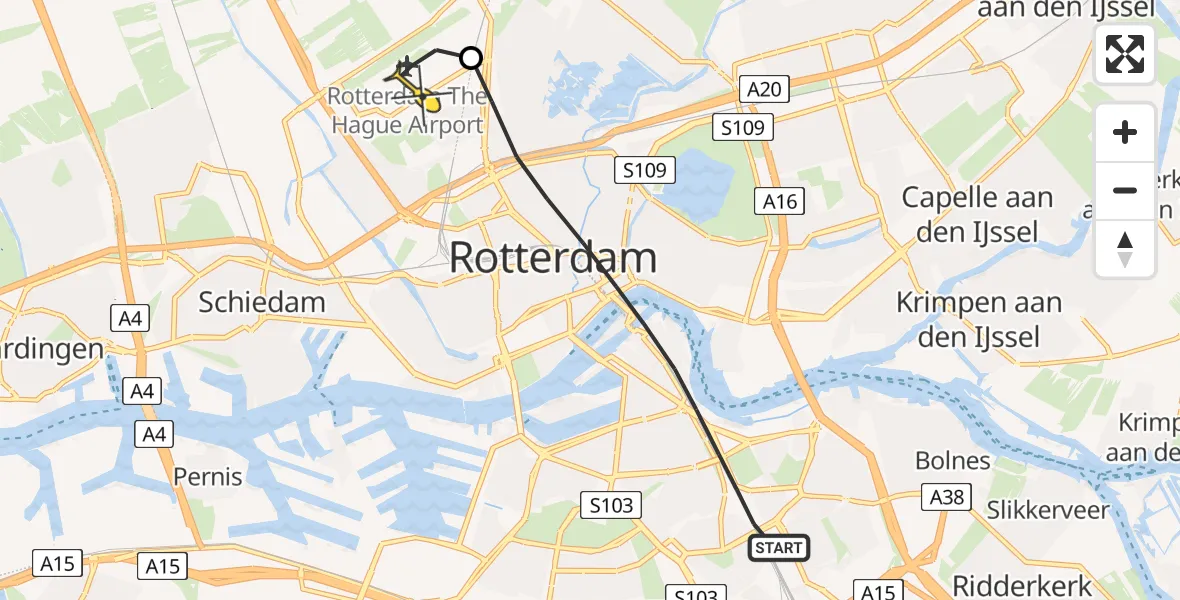 Routekaart van de vlucht: Lifeliner 2 naar Rotterdam The Hague Airport, Buitendijktunnel