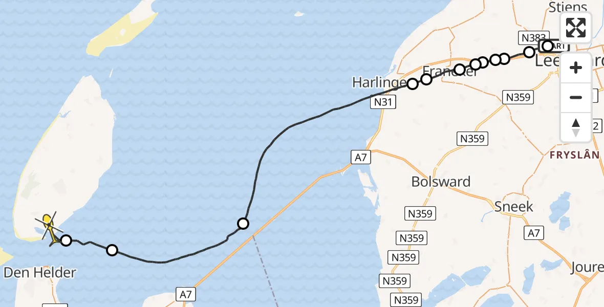 Routekaart van de vlucht: Ambulanceheli naar Den Hoorn, Franjumbuorren