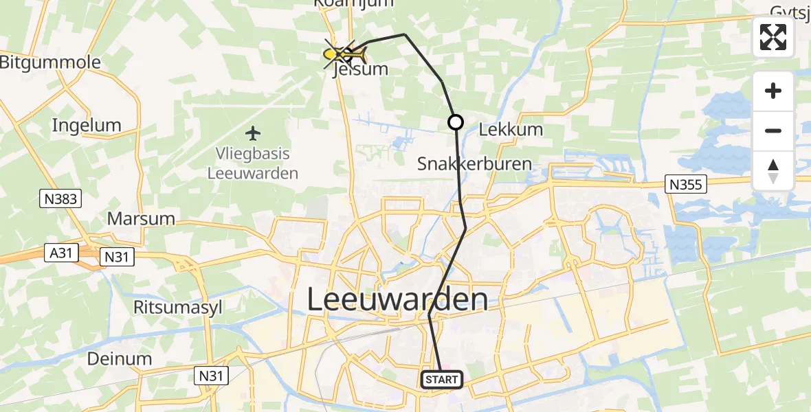 Vluchtroute Ambulancehelikopter van Leeuwarden naar Vliegbasis Leeuwarden