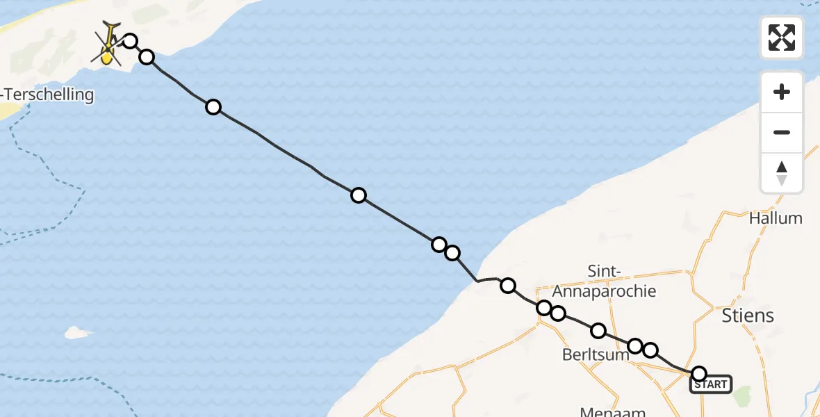 Routekaart van de vlucht: Ambulancehelikopter naar Midsland, Dyksterhuzen