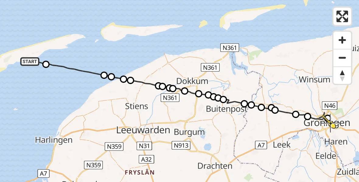 Routekaart van de vlucht: Ambulancehelikopter naar Universitair Medisch Centrum Groningen, De Keag