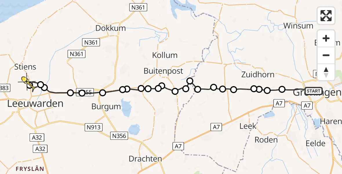 Routekaart van de vlucht: Ambulanceheli naar Vliegbasis Leeuwarden, Voermanstraat