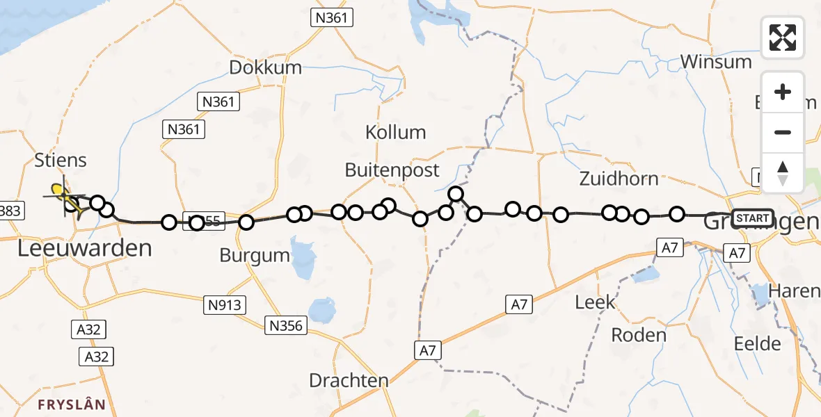 Routekaart van de vlucht: Ambulancehelikopter naar Vliegbasis Leeuwarden, Voermanstraat