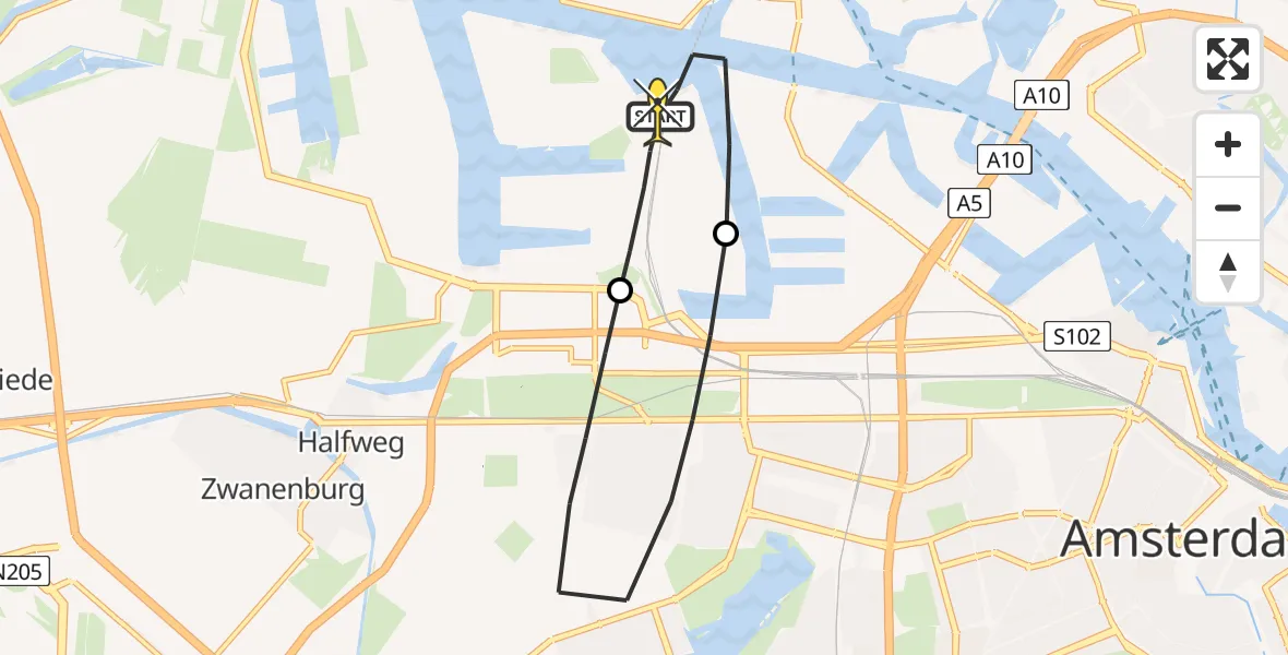 Routekaart van de vlucht: Lifeliner 1 naar Amsterdam Heliport, Nieuw-Zeelandweg