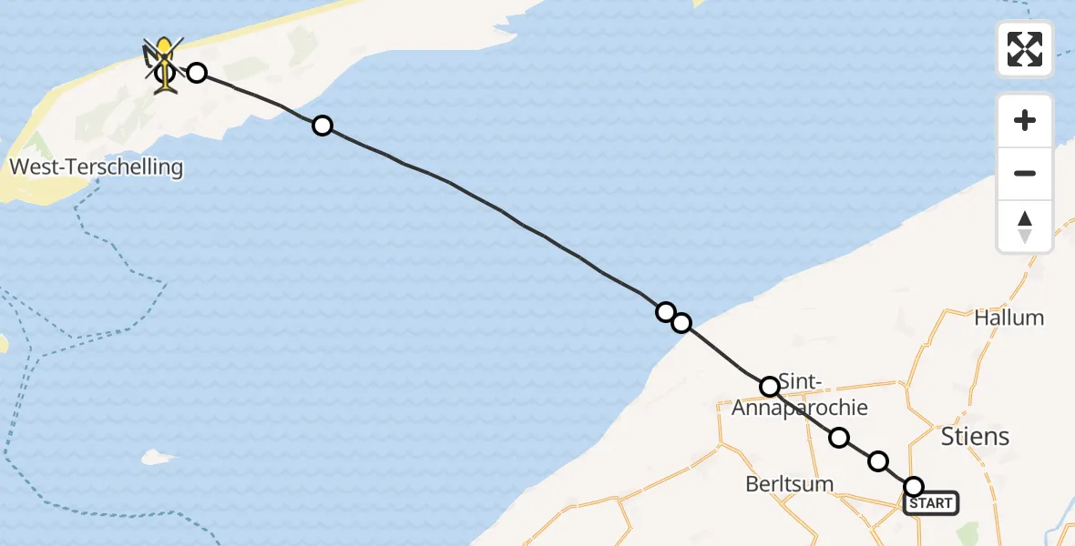 Routekaart van de vlucht: Ambulanceheli naar West-Terschelling, Langestraat