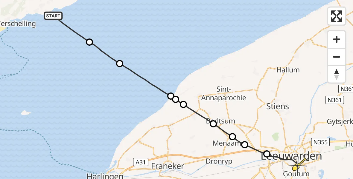 Routekaart van de vlucht: Ambulanceheli naar Leeuwarden, Henri Dunantweg