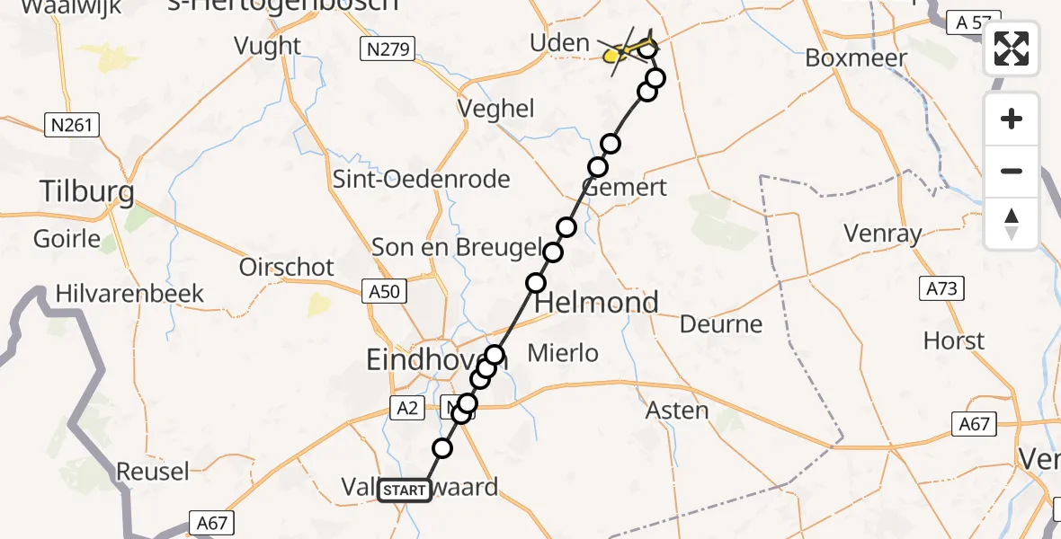 Routekaart van de vlucht: Lifeliner 3 naar Vliegbasis Volkel, Peperstraat