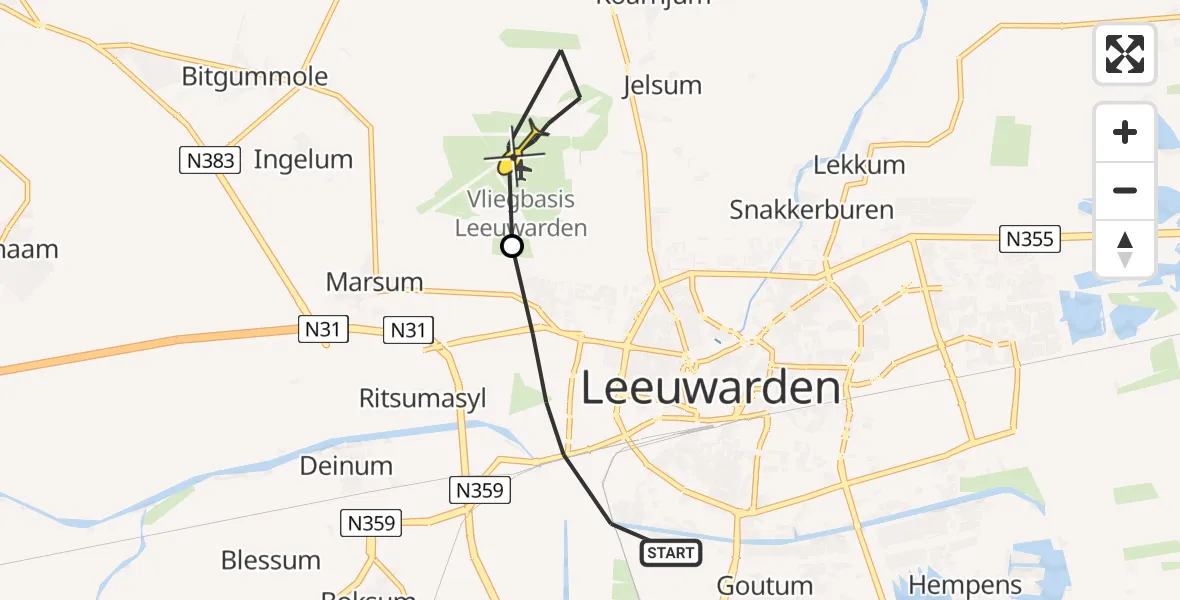 Vluchtroute Ambulancehelikopter van Leeuwarden naar Vliegbasis Leeuwarden