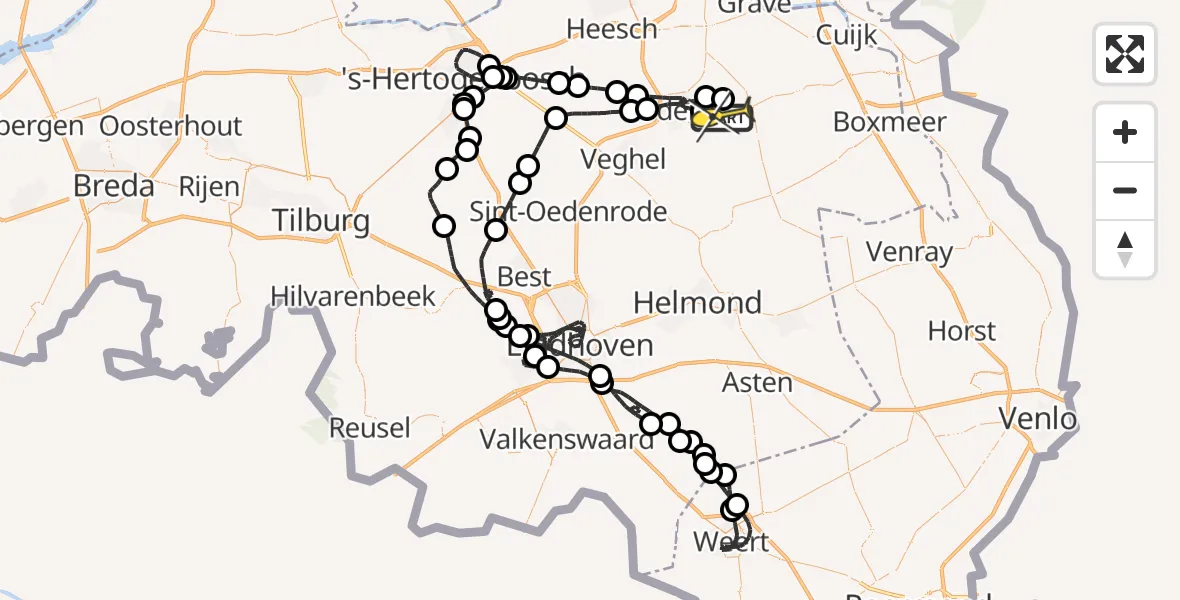 Routekaart van de vlucht: Politieheli naar Vliegbasis Volkel, Zeelandsedijk