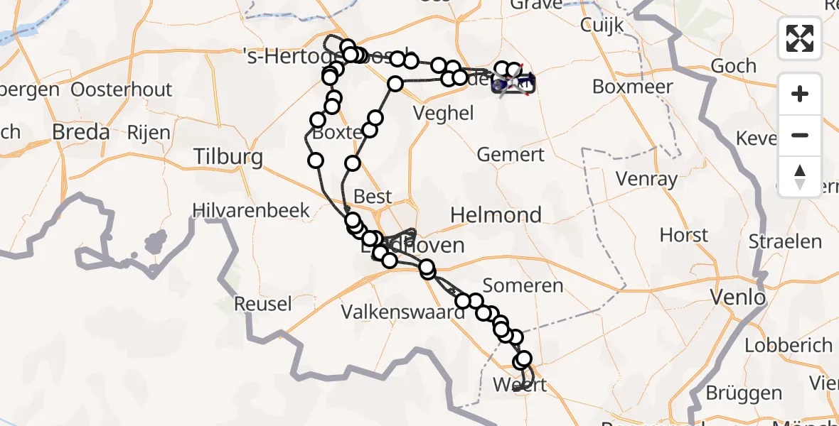 Vluchtroute Politiehelikopter van Vliegbasis Volkel naar Vliegbasis Volkel