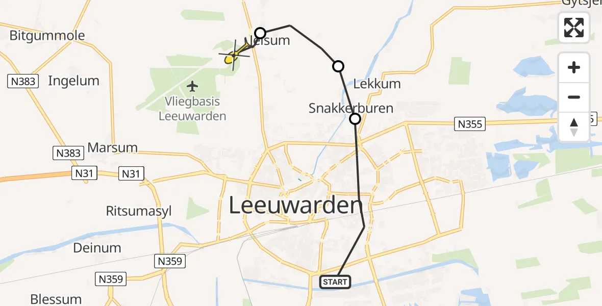 Vluchtroute Ambulancehelikopter van Leeuwarden naar Vliegbasis Leeuwarden