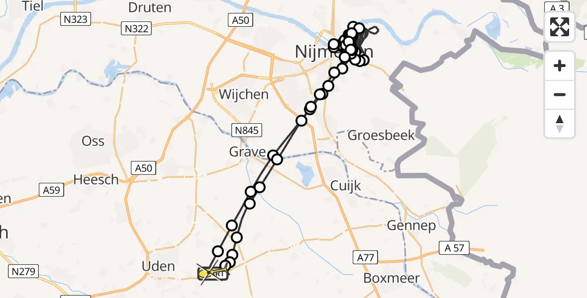 Routekaart van de vlucht: Politieheli naar Vliegbasis Volkel, Zeelandsedijk