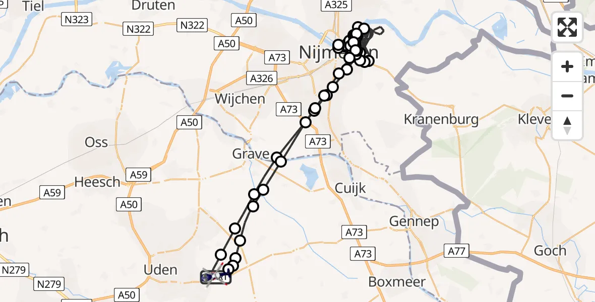 Vluchtroute Politiehelikopter van Vliegbasis Volkel naar Vliegbasis Volkel