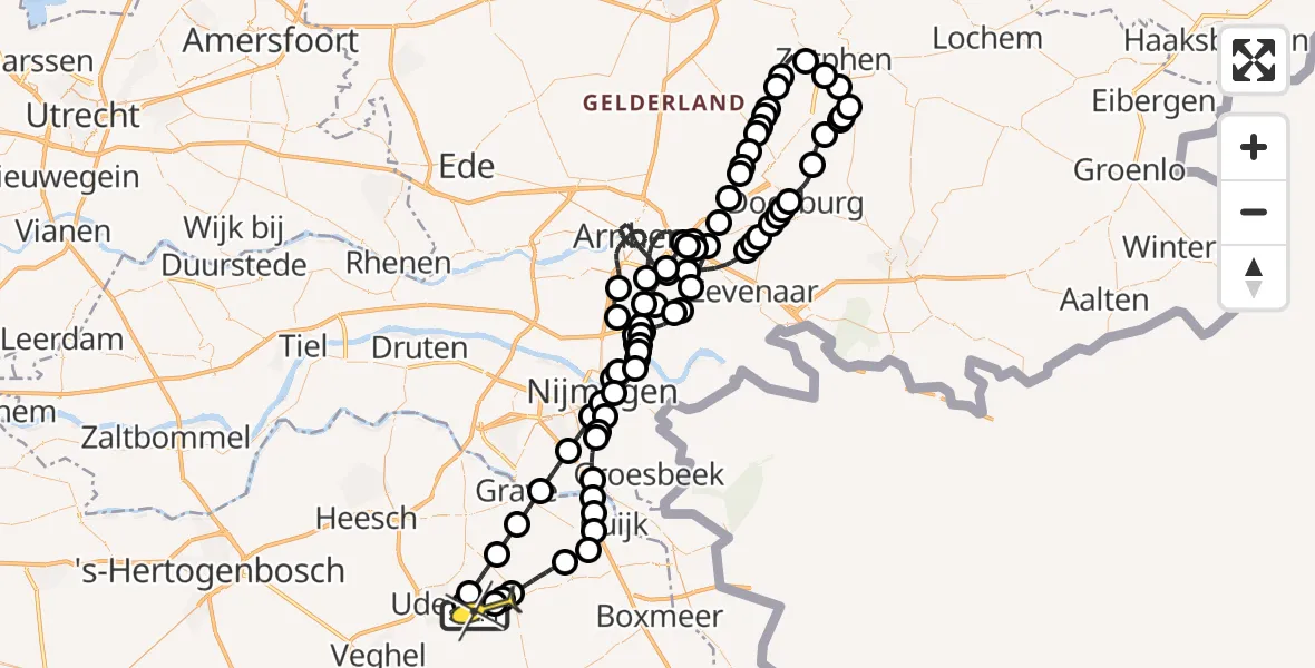 Routekaart van de vlucht: Politieheli naar Vliegbasis Volkel, Bovenstraat