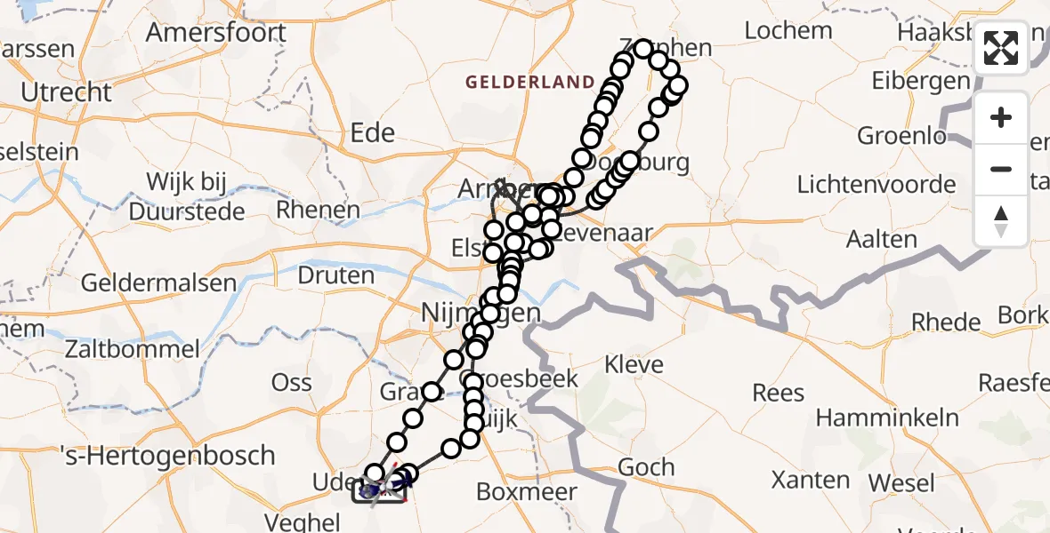 Vluchtroute Politiehelikopter van Vliegbasis Volkel naar Vliegbasis Volkel