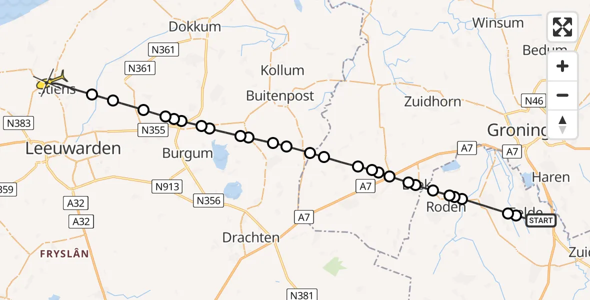 Routekaart van de vlucht: Lifeliner 4 naar Stiens, Molenweg