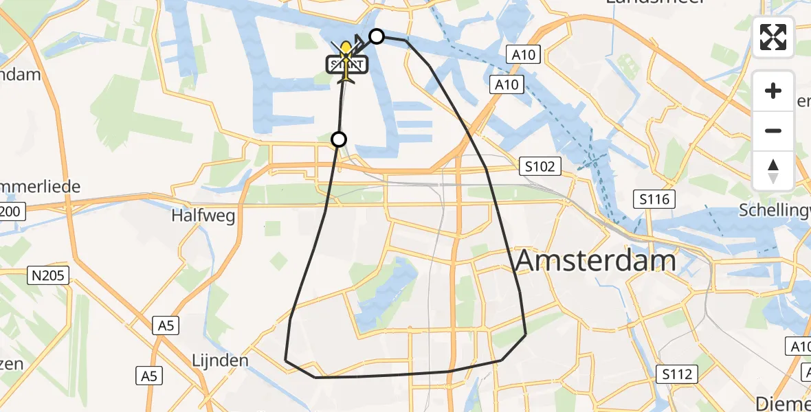 Routekaart van de vlucht: Lifeliner 1 naar Amsterdam Heliport, Nieuw-Zeelandweg