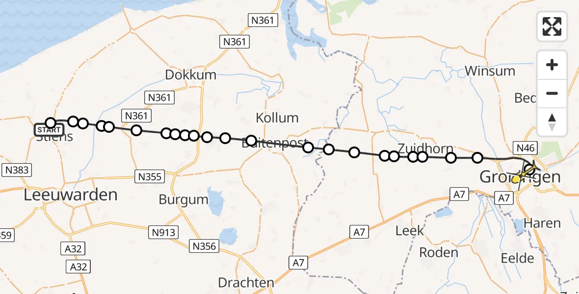 Routekaart van de vlucht: Lifeliner 4 naar Universitair Medisch Centrum Groningen, Poeldyk