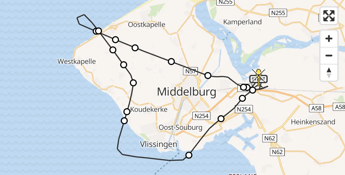 Routekaart van de vlucht: Kustwachthelikopter naar Vliegveld Midden-Zeeland, Calandweg