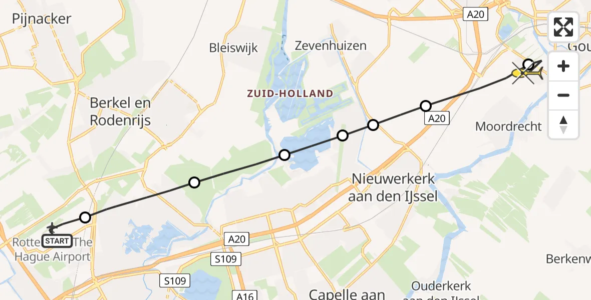 Routekaart van de vlucht: Traumahelikopter naar Gouda, HSL-Zuid