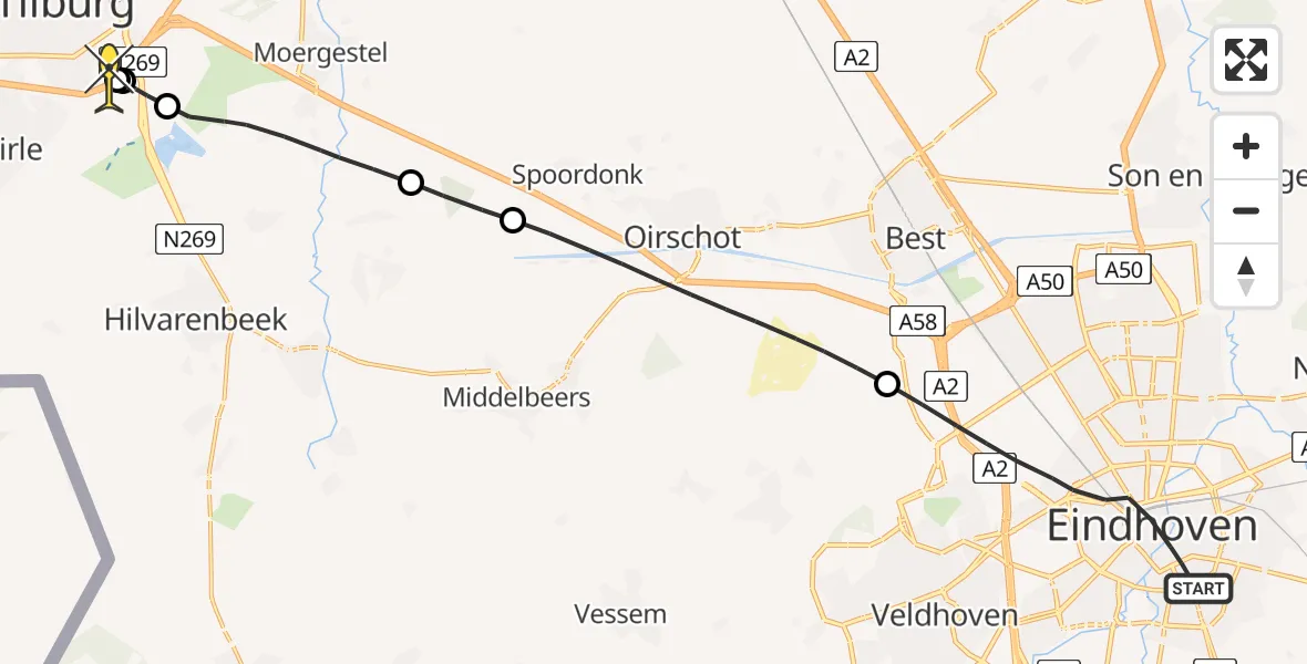 Routekaart van de vlucht: Lifeliner 3 naar Tilburg, Hertogstraat