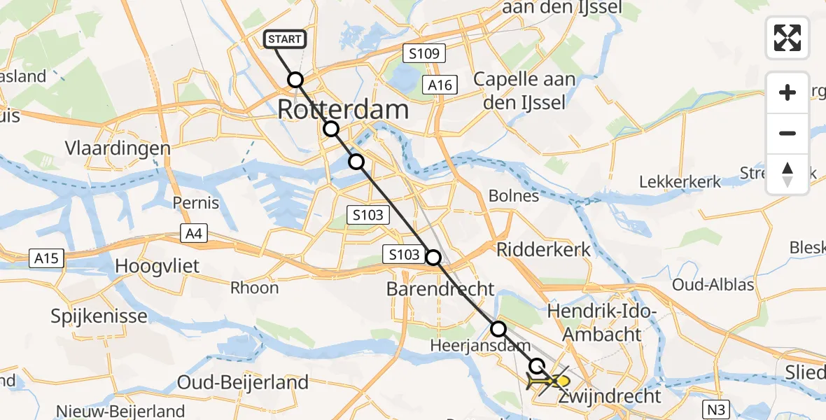 Routekaart van de vlucht: Traumaheli naar Zwijndrecht, Zestienhovensebaan