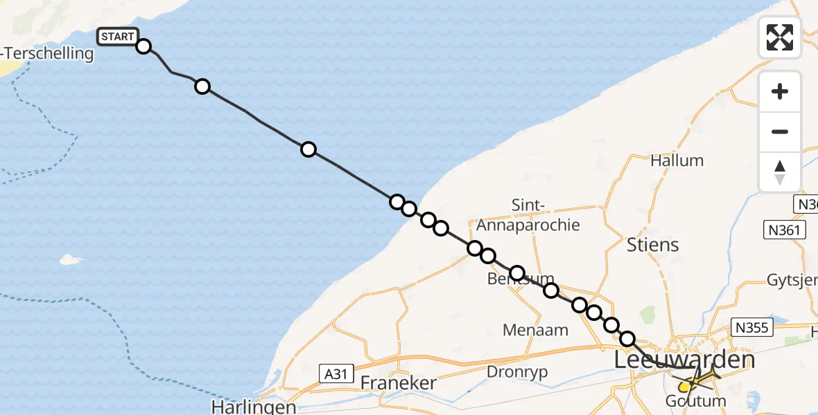 Routekaart van de vlucht: Ambulanceheli naar Leeuwarden, Borniastraat