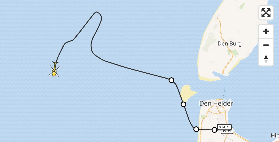 Routekaart van de vlucht: Kustwachthelikopter naar Middenvliet