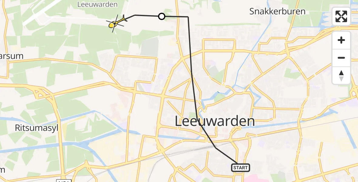 Vluchtroute Ambulancehelikopter van Leeuwarden naar Vliegbasis Leeuwarden
