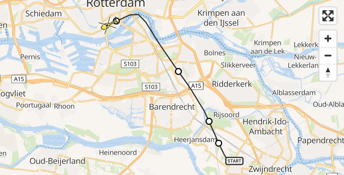 Routekaart van de vlucht: Traumaheli naar Erasmus MC, Develweg