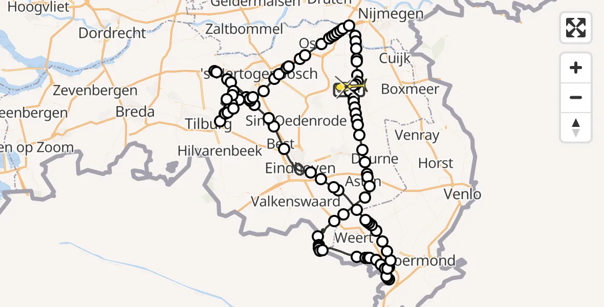 Routekaart van de vlucht: Politieheli naar Vliegbasis Volkel, Oosterheidestraat