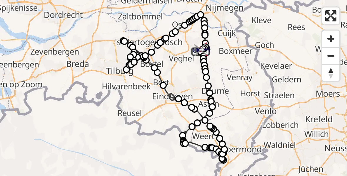 Vluchtroute Politiehelikopter van Vliegbasis Volkel naar Vliegbasis Volkel