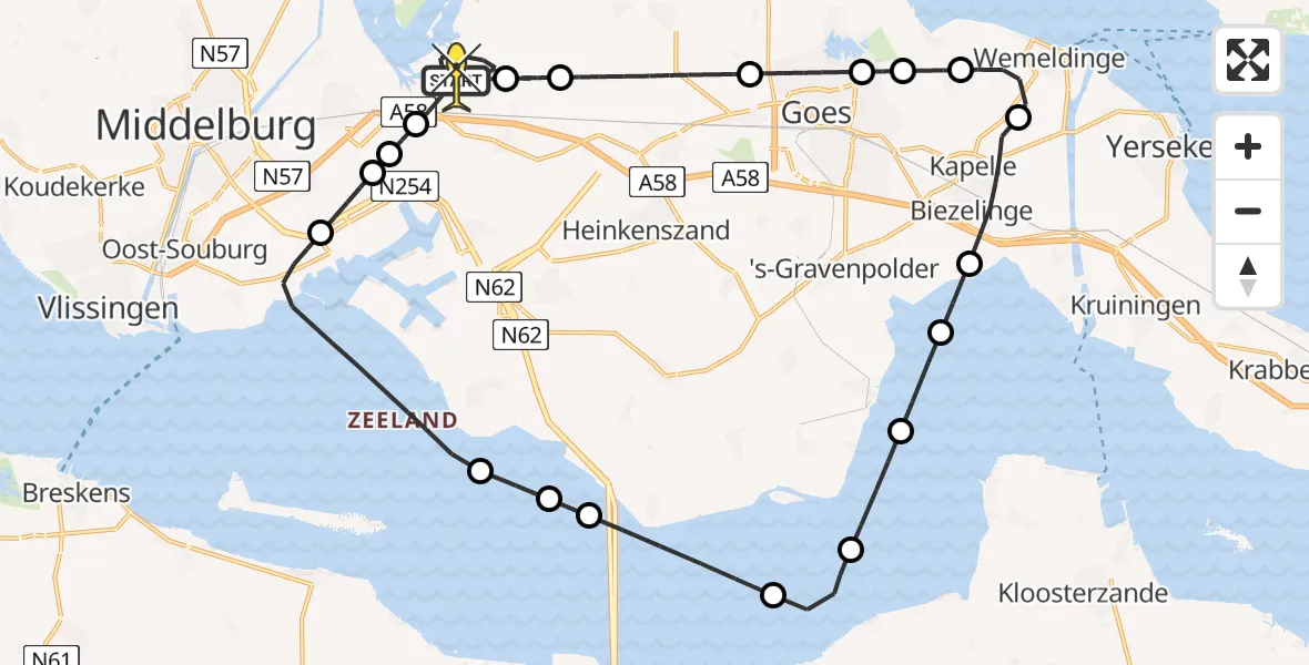 Routekaart van de vlucht: Kustwachthelikopter naar Vliegveld Midden-Zeeland, Calandweg