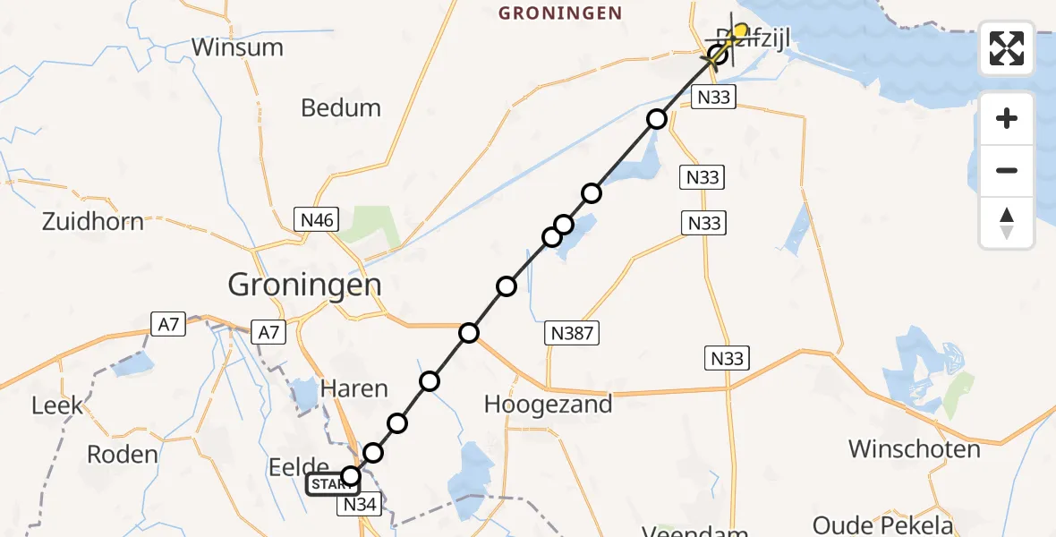 Routekaart van de vlucht: Lifeliner 4 naar Delfzijl, Burgemeester J.G. Legroweg