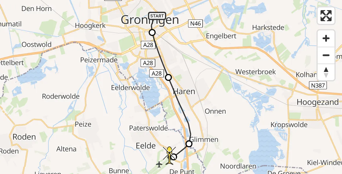 Routekaart van de vlucht: Lifeliner 4 naar Groningen Airport Eelde, 1e Drift Ged. Zuiderdiep