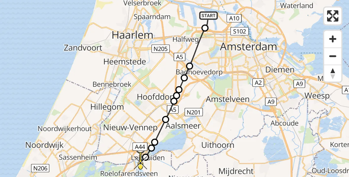 Routekaart van de vlucht: Lifeliner 1 naar Leimuiden, Nieuw-Zeelandweg