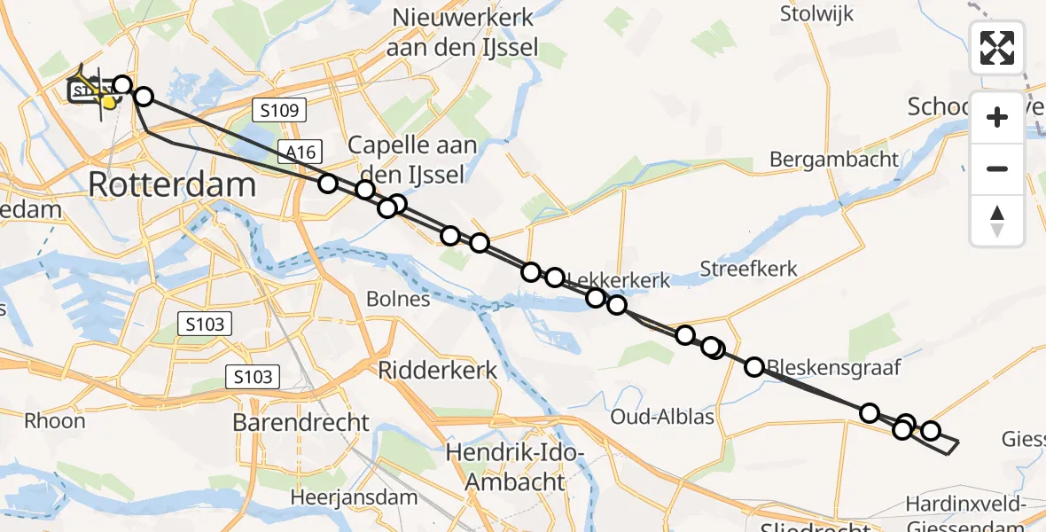 Routekaart van de vlucht: Traumaheli naar Rotterdam The Hague Airport, Bovendijk