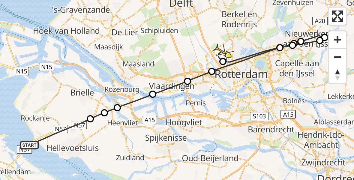 Routekaart van de vlucht: Traumaheli naar Rotterdam The Hague Airport, Oever
