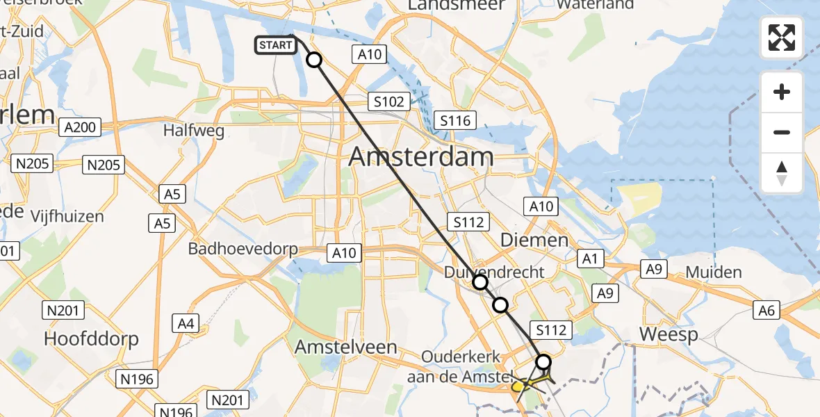Routekaart van de vlucht: Lifeliner 1 naar Academisch Medisch Centrum (AMC), Westhavenweg