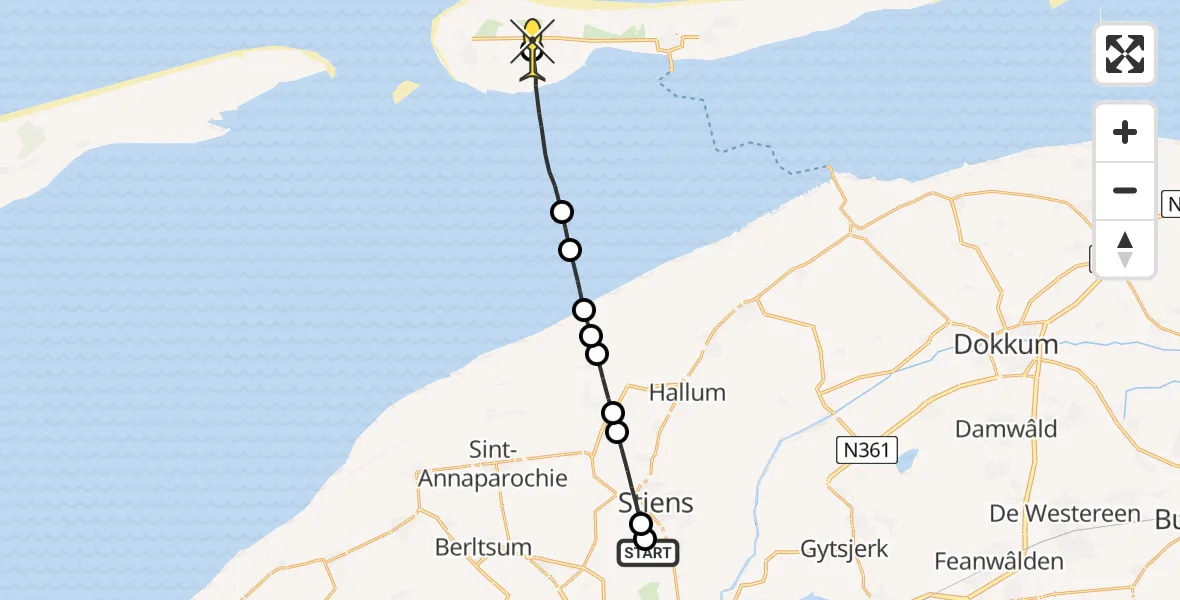 Routekaart van de vlucht: Ambulanceheli naar Ameland Airport Ballum, Brédyk