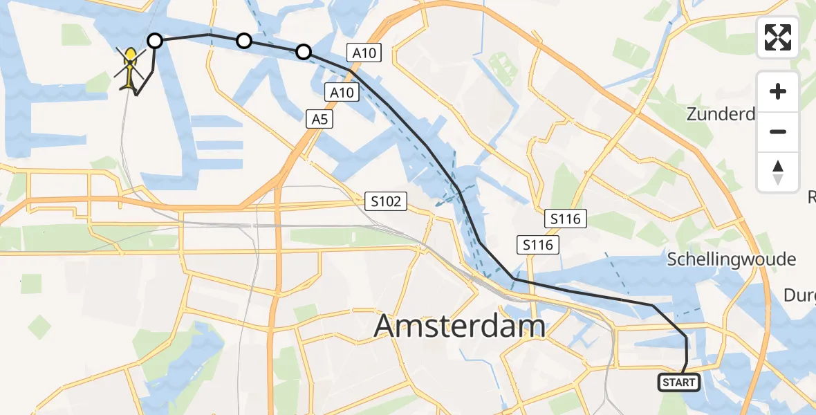 Routekaart van de vlucht: Lifeliner 1 naar Amsterdam Heliport, Levantkade