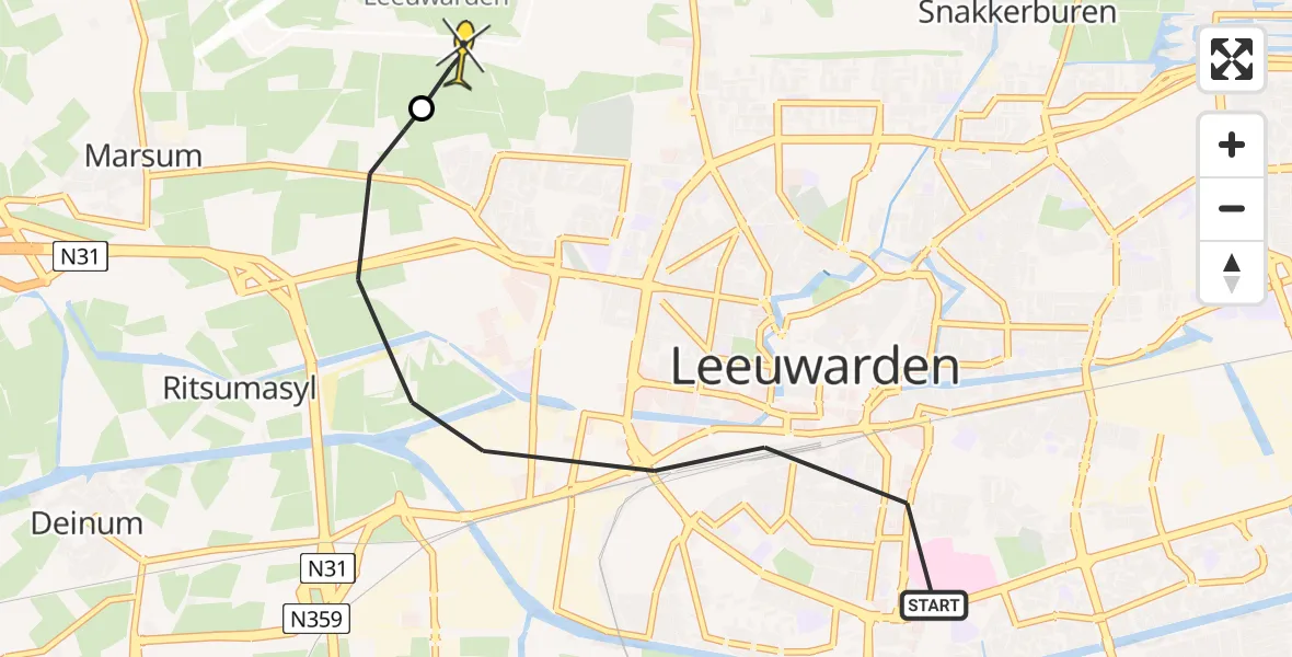 Routekaart van de vlucht: Ambulanceheli naar Vliegbasis Leeuwarden, Snekertrekweg