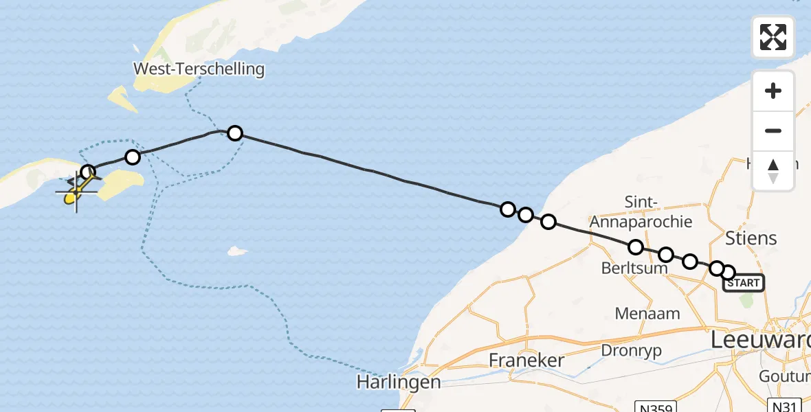 Routekaart van de vlucht: Ambulancehelikopter naar Vlieland Heliport, Efterste Dyk