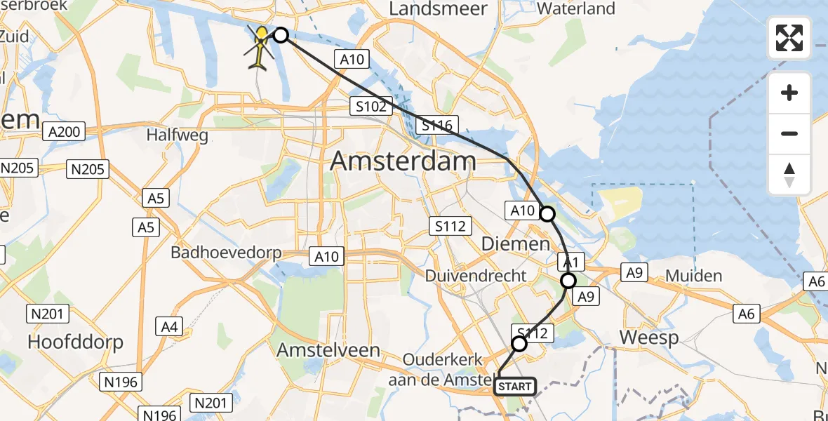 Routekaart van de vlucht: Lifeliner 1 naar Amsterdam Heliport, Meibergdreef