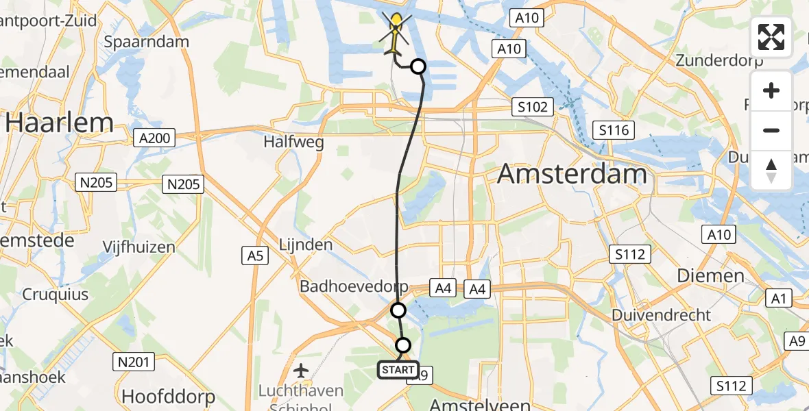 Vluchtroute Politiehelikopter van Schiphol naar Amsterdam Heliport